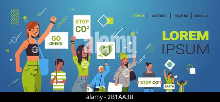 environmental activists holding posters go green save planet strike concept mix race protesters campaigning to protect earth demonstrating against global warming portrait copy space horizontal vector illustration Stock Vector