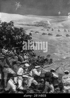 An illustration circa 1911 of sailors of the Royal Italian Navy defending against an attack by the Turkish Ottoman army outside Tripoli on the night of October 9th 1911 in Libya during the Italian Turkish war of 1911 to 1912. Stock Photo