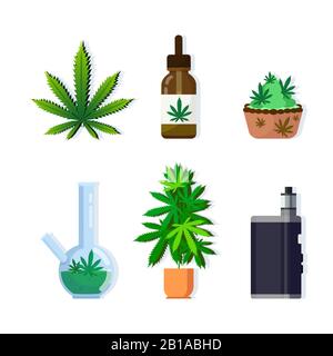 set cannabis products icons drug consumption concept marijuana legalization collection flat vector illustration Stock Vector