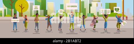 environmental activists holding posters go green save planet strike concept protesters campaigning to protect earth demonstrating against global warming cityscape background horizontal full length vector illustration Stock Vector