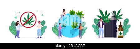 set people holding ban drug sign putting cannabis leaves on world map smoking marijuana vape drugs consumption concepts collection full length horizontal vector illustration Stock Vector