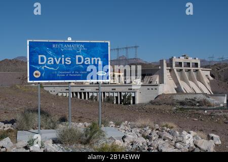 Davis Dam on the Colorado River forms Lake Mohave, near Laughlin NV Stock Photo