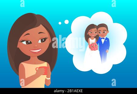 Cute cartoon girl African American dreams of a future wedding. Represents in thoughts himself with the groom in festive dresses. Vector romantic illus Stock Vector