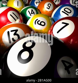 Pool ball close up. 8 ball, 7 ball, numbered coloured balls, Stock Photo