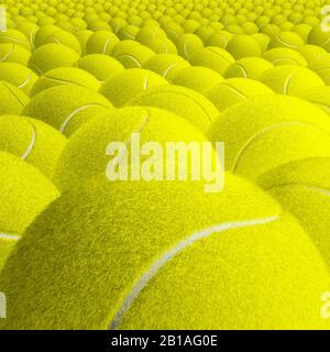Tennis ball close up. Balls stretching into the distance. Clean and new. Fur texture. full frame. Studio shot. Stock Photo