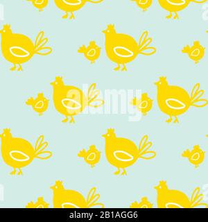 Vector Seamless pattern Chickens bird yellow color on blue background Stock Vector