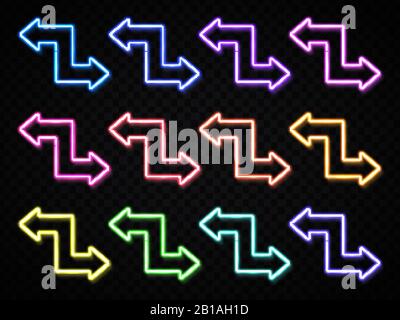 Glowing color neon light arrows set isolated on transparent background. Pointer direction symbol. Retro design elements. Shining neon light effect. Br Stock Vector