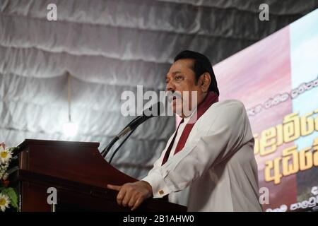 (200224) -- COLOMBO, Feb. 24, 2020 (Xinhua) -- Sri Lankan Prime Minister Mahinda Rajapaksa speaks at a ceremony to officially open the extension of Southern Expressway that will link the country's main ports and airports near Barawakumbuka, Sri Lanka, Feb. 23, 2020. TO GO WITH 'Sri Lanka links ports, airports with expressway extension' (Xinhua/Tang Lu) Stock Photo