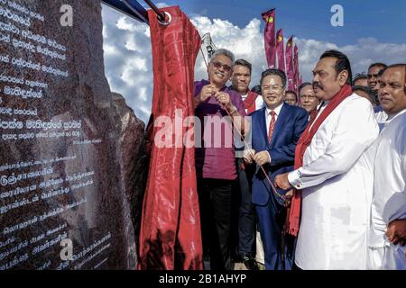 Colombo. 24th Feb, 2020. Sri Lankan President Gotabaya Rajapaksa (1st L), Sri Lankan Prime Minister Mahinda Rajapaksa (3rd L, front), and Chinese Ambassador to Sri Lanka Cheng Xueyuan (2nd L, front), attend the ribbon cutting ceremony to officially open the extension of Southern Expressway that will link the country's main ports and airports near Barawakumbuka, Sri Lanka, Feb. 23, 2020. TO GO WITH 'Sri Lanka links ports, airports with expressway extension' Credit: Xinhua/Alamy Live News Stock Photo