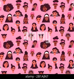 Diverse women face seamless pattern with different culture girl portrait in hand drawn style. Women's rights event background concept includes black, Stock Vector