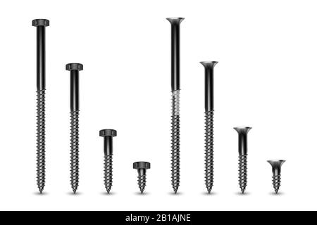 Vector 3d Realistic Metal Silver Construction Fasteners Icon Set Closeup Isolated on White Background. Lag Screws, Bolts. Different Size. Building and Stock Vector