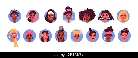 Diverse young women avatar set on isolated white background. Flat cartoon girl character portraits from different culture and race. Stock Vector