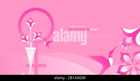 International Women's Day greeting card template illustration of spring flowers and humming bird in abstract flat gradient style. Pink feminine design Stock Vector