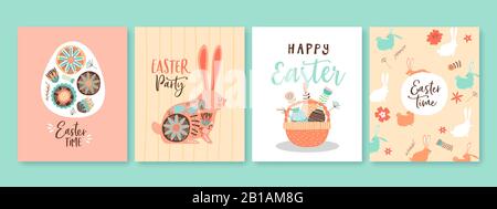 Happy Easter greeting card set of cute rabbit, painted eggs and flower decoration in vintage folk hand drawn style. Spring festival illustration colle
