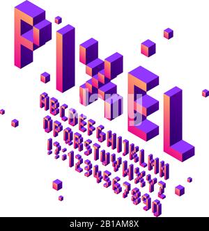 Isometric pixel art font. Arcade game fonts alphabet, retro gaming cubic typographic lettering sign and pixels numbers vector set Stock Vector