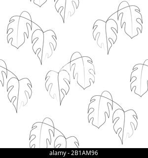 Continuous line monstera leaf seamless pattern. Tropical leaves contour background. One line outline illustration isolated on white. Modern Minimalist Stock Vector