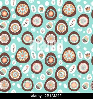 Easter egg seamless pattern with cute hand drawn vintage folk flowers and spring decoration. Festive holiday background for traditional event. Stock Vector