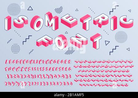 Isometric font. Geometric alphabet 3d letters cubic blocks and perspective numbers sign vector set Stock Vector