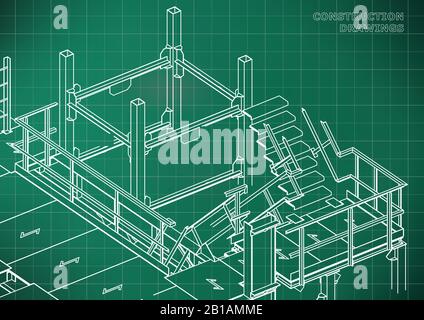 Building. Metal constructions. Volumetric constructions. Light green background. Grid Stock Vector