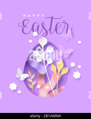 Happy easter paper cut greeting card illustration of cutout egg shape with papercut butterfly and flower decoration background. 3D spring season holid Stock Vector