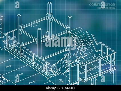 Building. Metal constructions. Volumetric constructions. Blue background. Grid Stock Vector