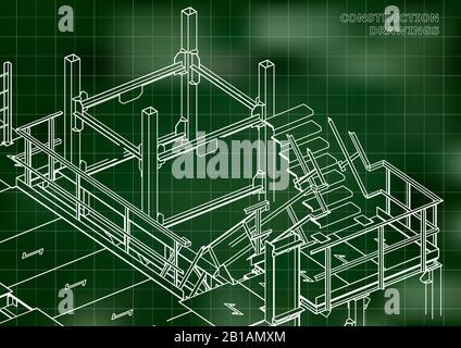 Building. Metal constructions. Volumetric constructions. Green background. Grid Stock Vector