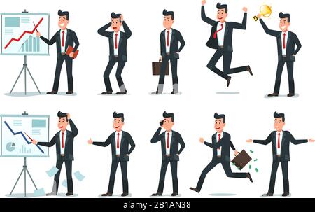 Businessman character. Office employee workers, tired finance worker and business characters cartoon vector illustration set Stock Vector