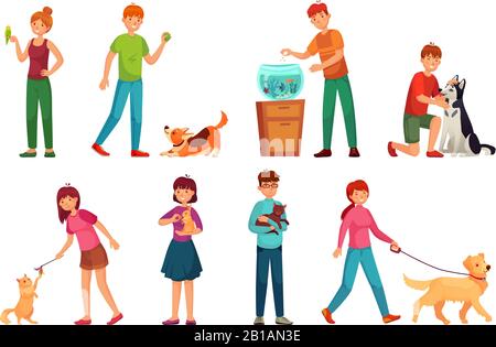 People with pets. Playing with dog, happy pet and dogs owners cartoon vector illustration set Stock Vector