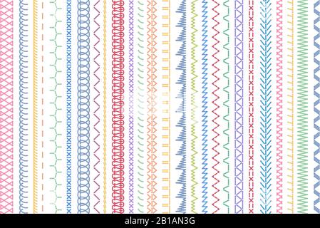Sewing seams patterns. Embroidery craft sew pattern, fashion seam brush and colorful stitches stitched fabric vector illustration set Stock Vector
