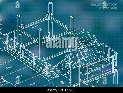 Building. Metal constructions. Volumetric constructions. Blue background. Points Stock Vector