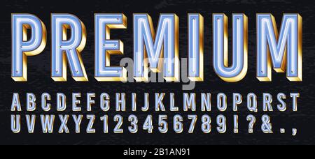 Neon light box font. Premium glowing letters, golden alphabet and elite gold lettering with neons lights 3d vector illustration set Stock Vector