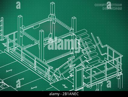 Building. Metal constructions. Volumetric constructions. Light green background. Points Stock Vector