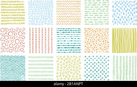 Hand drawn textures. Scribble pattern, curved lines patterns and lined texture vector background set Stock Vector