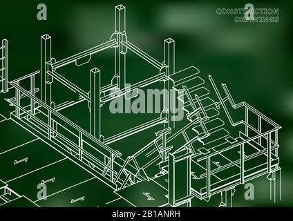 Building. Metal constructions. Volumetric constructions. Green background Stock Vector