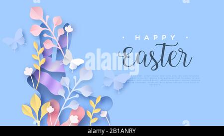 Happy easter paper cut web template or greeting card illustration of cutout rabbit shape with papercut butterfly and nature decoration. Layered 3D spr Stock Vector