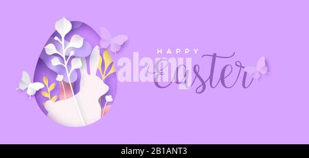 Happy easter paper cut greeting card illustration of cutout egg shape with papercut bunny, butterfly and nature decoration background. 3D spring seaso Stock Vector