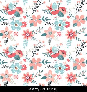 Pink spring flower seamless pattern with beautiful hand drawn floral bouquet decoration on isolated background. Romantic season wallpaper illustration Stock Vector