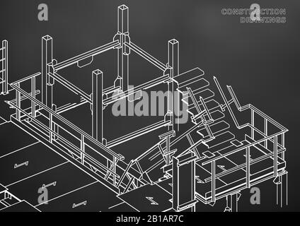 Building. Metal constructions. Volumetric constructions. Black background Stock Vector