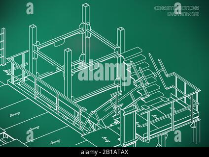 Building. Metal constructions. Volumetric constructions. Light green background Stock Vector