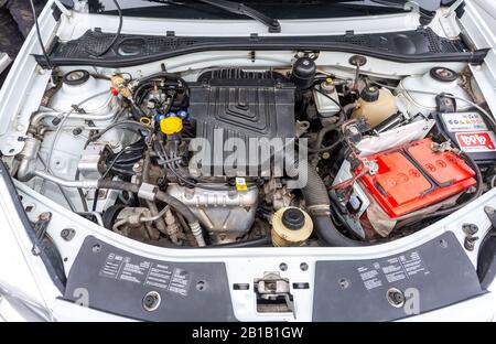 Samara, Russia - February 23, 2020: Car engine of  vehicle Renault Sandero, under the hood of a vehicle Stock Photo