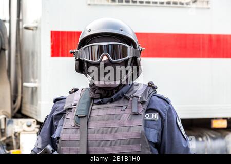 Samara, Russia - February 23, 2020: Special Forces soldier of Rosgvardia in uniform with helmet. Rosgvardia is the internal military force of the gove Stock Photo