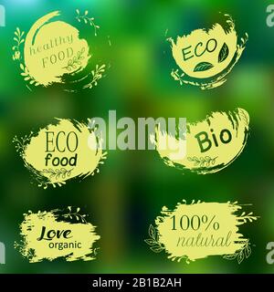 Doodle logos. I love organic. Vector illustration for menu of restaurants, packaging, advertising. Set of logos, icons Stock Vector