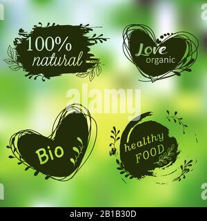 Set of logos, icons, design elements. Natural food, organic food, veggie food. Healthy food label. Doodle logos. Hand drawing. Bio, organic, gluten fr Stock Vector
