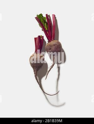 Two Trimmed beets on white Stock Photo