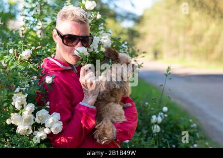 A woman with a dog in flowers. Stock Photo