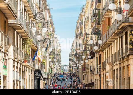 BARCELONA, SPAIN - JUNE 03, 2019: Crowd Of People In Central Downtown Barcelona City On Ferran Street (Carrer de Ferran) Stock Photo
