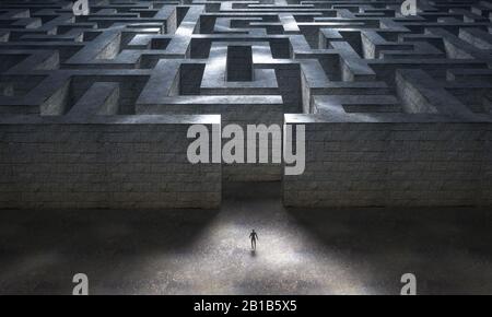 Small man entering a huge mysterious maze. Business and life concept. 3d rendering Stock Photo