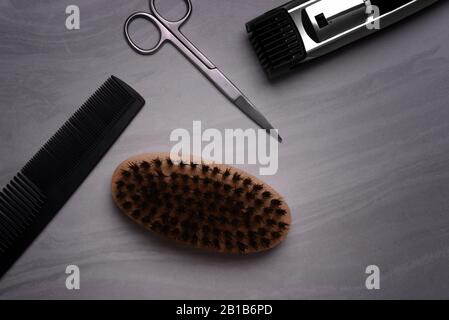 male grooming products in flat lay Stock Photo