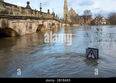 Shrewsbury, UK. 24th Feb, 2020. Swollen River Severn at English Bridge. Credit: Mike Hayward/Alamy Live News Stock Photo