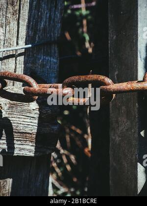 detail of an old chain closing some wooden doors Stock Photo